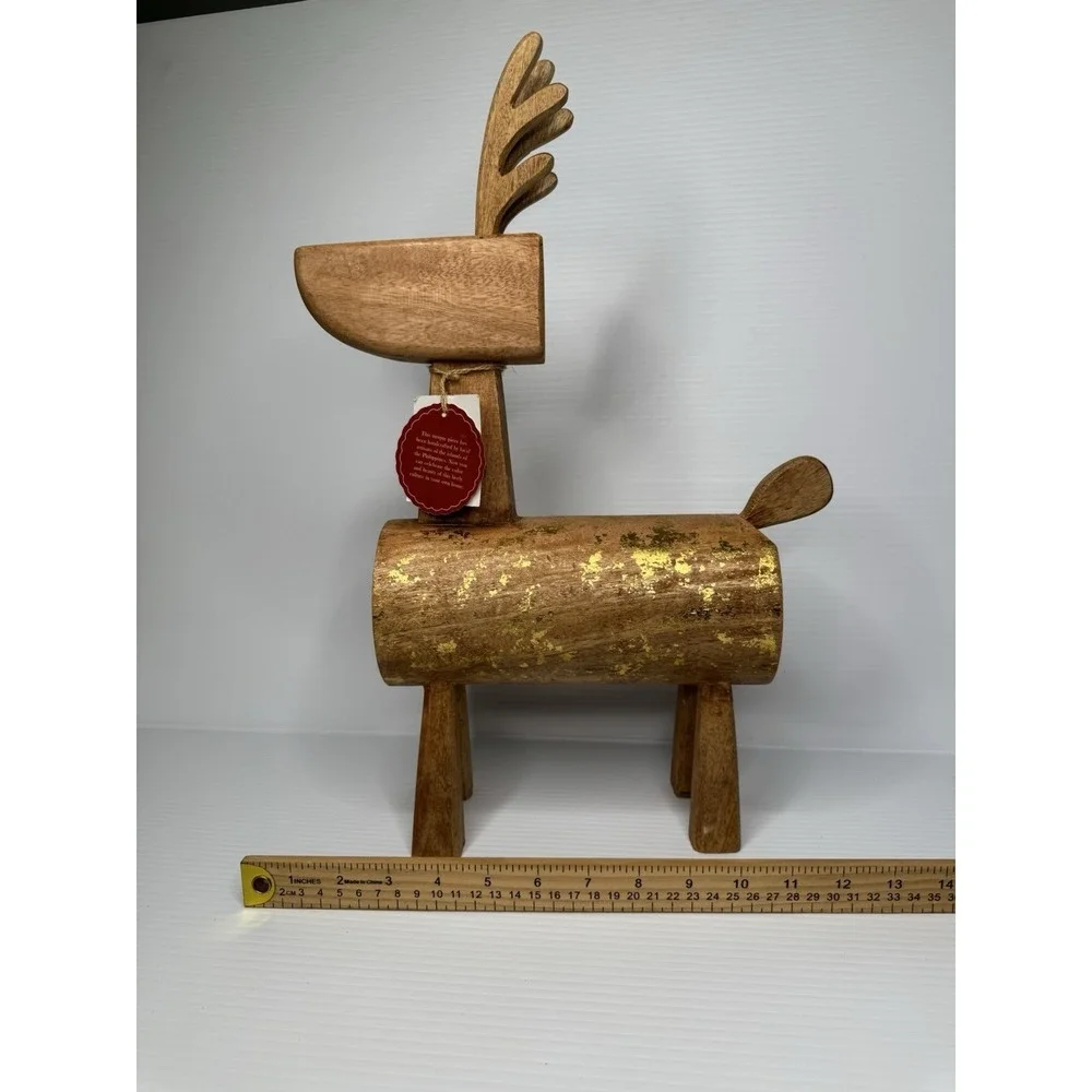 Wood Reindeer Figurine Gold Leaf Accent Handcrafted Christmas Decor 18